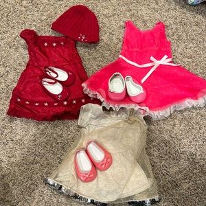 American Girl 3 Dress Lot red with hat, gold and pink with hearts